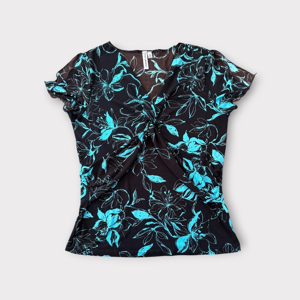 • Y2K Susan Lawrence Black and Teal Floral Top
